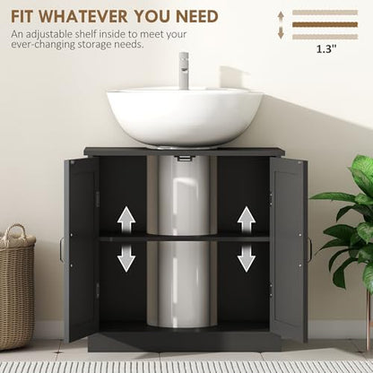 kleankin Pedestal Sink Storage Cabinet, Under Sink Cabinet with 2 Doors and Adjustable Shelf, Bathroom Vanity with U-Shape Cut-Out, Black - color: Black
