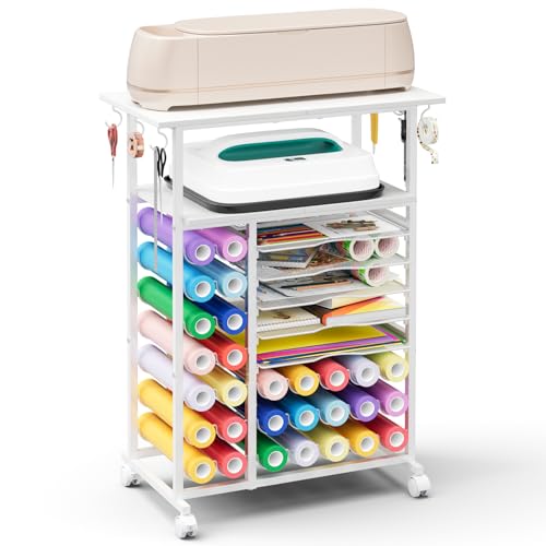 Rolling Craft Storage Cart with 29 Vinyl Roll Holders | Craft Organizers and Storage Compatible with Cricut Machines Crafting Table Organization Workstation for Craft Room White - color: Rustic White