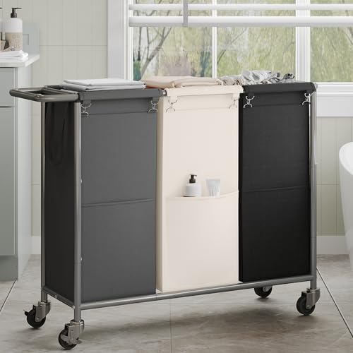 Heybly Laundry Basket, 3 x 18.5 Gal Laundry Separator Hamper with Heavy Duty Rolling Wheels, Laundry Divider Sorter with Removable Bags for Dirty Clothes Storage, 40.2 x 15.4 x 33.1 Inches HLH022P03 - color: Black + Gray + Cream White, size: 3 Bag - 210 L