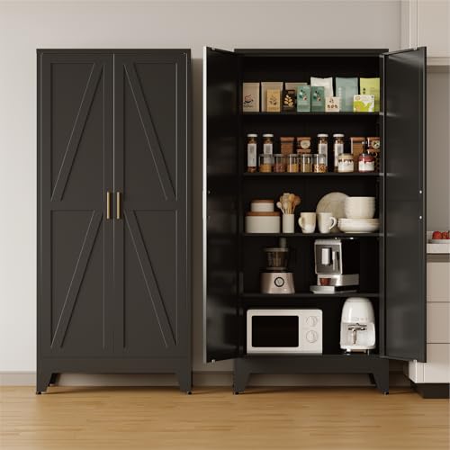 COFaR 71'' Tall Metal Storage Cabinet, Farmhouse Kitchen Pantry Cabinet with Doors and 4 Adjustable Shelves, Black Metal Cabinets for Garage, Kitchen, Bathroom, Laundry, 5-Tier - color: Black, size: 71 Tall 2 Doors-Tree Door