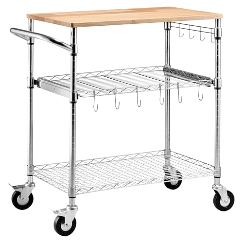 VEVOR Kitchen Utility Cart, 3 Tier Heavy Duty Adjustable Wire Storage Rack with Wood Tabletop and Handle Bar, Rolling Portable Service Trolley on Wheels, 661 lbs Steel Work Table, 30x18x36 in - size: 18"D x 30"W x 36"H Table top