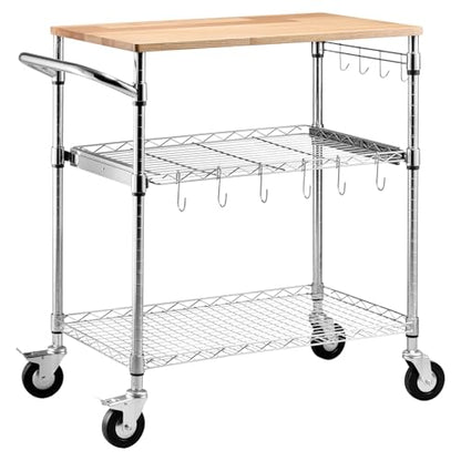 VEVOR Kitchen Utility Cart, 3 Tier Heavy Duty Adjustable Wire Storage Rack with Wood Tabletop and Handle Bar, Rolling Portable Service Trolley on Wheels, 661 lbs Steel Work Table, 30x18x36 in - size: 18"D x 30"W x 36"H Table top