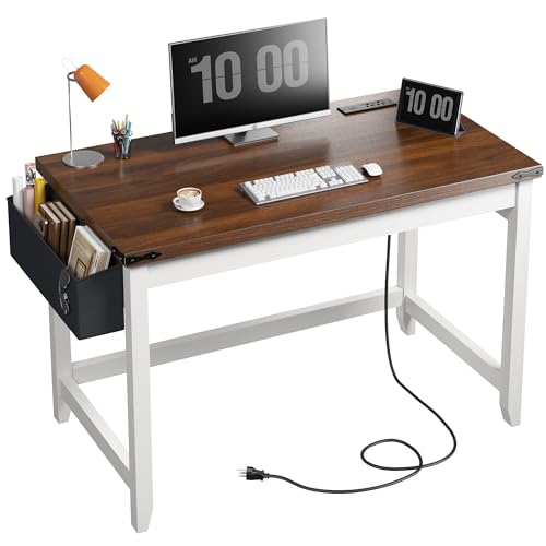 EnHomee 40 Inch Small Desk with Storage Bag Detachable, Writing Desk with Power Outlet, Modern Simple Home Vanity Desk for Small Spaces, Study Desk for Bedroom, Brown & White - color: Brown & White, size: 40inch with Storage Bag