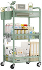 YASONIC 3 Tier Rolling Cart – Metal Utility Storage Carts with Wheels, Craft Carts Organizer with Hanging Cups, Hooks, Mesh Basket for Bedside Kitchen Office Art, Green - color: Green