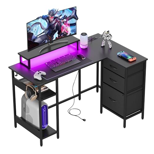 DEVAISE 48 Inch L Shaped Gaming Desk with Drawers and Storage, Corner Desk with LED Lights, Power Outlets, Computer Desk with Monitor Stand, Office Desk for Home, Black - color: Black, size: 48 Inch
