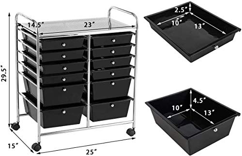 Moccha 12-Drawer Rolling Storage Cart - Utility Cart on Wheels with Lockable Casters for Craft Art Supply Paper Salon, Mobile Drawer Carts for Classroom Teacher School Office - color: Black, style: 12 Drawers