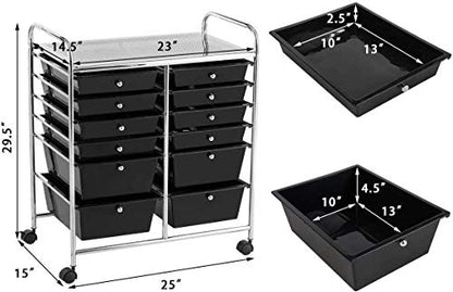 Moccha 12-Drawer Rolling Storage Cart - Utility Cart on Wheels with Lockable Casters for Craft Art Supply Paper Salon, Mobile Drawer Carts for Classroom Teacher School Office - color: Black, style: 12 Drawers
