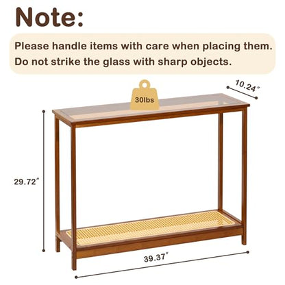 Bamboo Narrow Console Table, 39.4"(L) Wood Small Entryway Table with Rattan and Glass, Accent Slim Hallway Tables, Thin Sofa Side Tables for Hallway, Living Room, Bedroom, Foyer, Walnut - color: Walnut 39.4"(l)