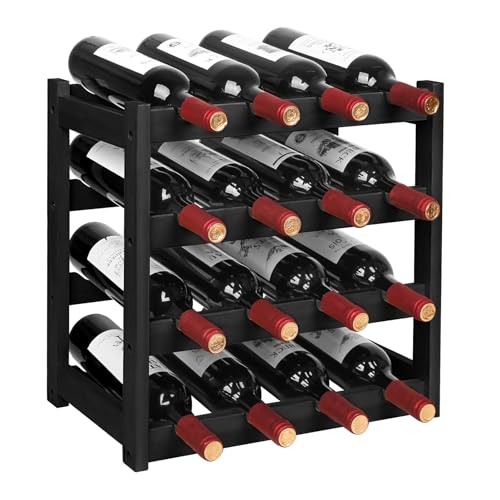 VASMIA Wine Rack, 4-Tier Bamboo Wine Racks Countertop,Sturdy and Durable Wine Storage Cabinet Shelf,16 Bottles Wine Holder for Kitchen Pantry, Black - color: Black, size: 4 Tiers