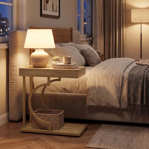 Tribesigns C Shaped Modern End Table for Coach with Metal Frame | Oak Wood Grain, Small Side Table for Living Room, Nightstand for Bedroom, Light Brown&Gold - color: Brown&gold