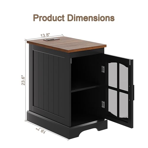 ChooChoo Farmhouse End Table Set of 2 with Charging Station, Nightstand with Adjustable Shelf and Glass Door, Black Side Table for Living Room, Bedroom - color: Black
