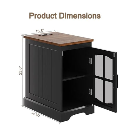 ChooChoo Farmhouse End Table Set of 2 with Charging Station, Nightstand with Adjustable Shelf and Glass Door, Black Side Table for Living Room, Bedroom - color: Black