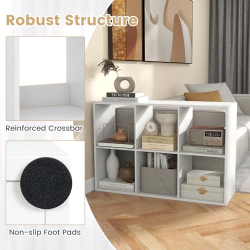 6 Cube Book Shelf, Modern Storage Bookcase with 6 Open Compartments, Open Back and Bottom Back Panels, Heavy Duty Storage Bookshelf for Living Room, Study, Office and Hallway, White