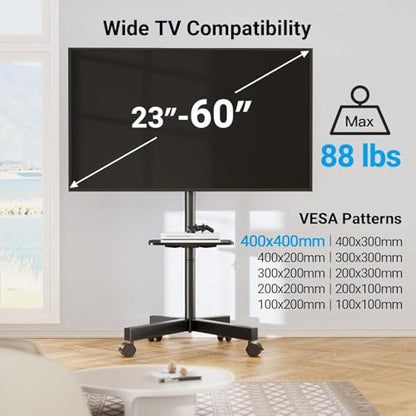 PERLESMITH Rolling TV Stand, Mobile TV Stand for 23-60 Inch LCD LED TVs, Tilt TV Stand Wheels Holds up to 88Lbs, Portable TV Stand for Bedroom with Shelf, Outdoor TV Stand Max VESA 400x400mm PSTVMC06 - size: 23-60 Inch