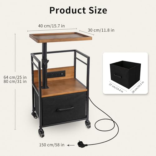 Small Bedside Table with Charging Station, Rolling Side Table with Wheels, Small Nightstand with Drawer Storage for Bedroom - Natural Wood with Tray - color: Natural Wood - Tray Style