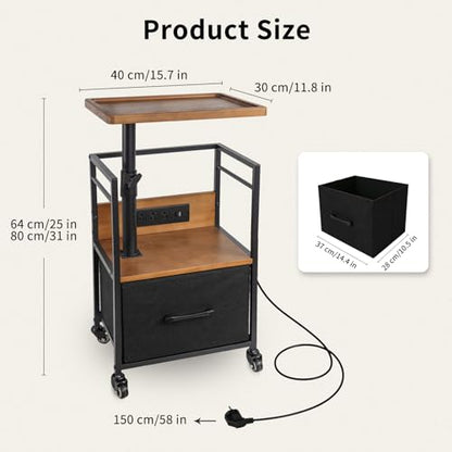 Small Bedside Table with Charging Station, Rolling Side Table with Wheels, Small Nightstand with Drawer Storage for Bedroom - Natural Wood with Tray - color: Natural Wood - Tray Style