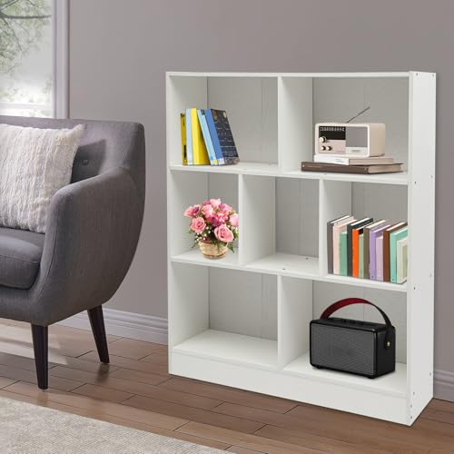 7 Cube Bookshelf Modern Display Cabinet, Horizontal Open Shelf Low Bookcase with 7Compartments, Free-Standing Wooden Bookcase with Back Panel for Study, Bedroom, Living Room (Warm White) - color: Warm White