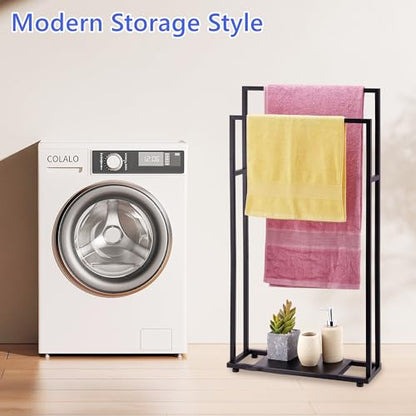 39'' Tall Towel Racks for Bathroom, 2 Tier Towel Rack Stand with Storage Shelves, Free Standing Drying Rack for Outdoor, Black, ALHAKIN
