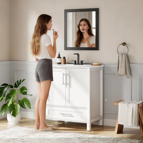 IDEALHOUSE 30" Bathroom Vanity with Sink, Freestanding Wooden Bathroom Vanity Cabinet with Soft-Closing Door and Metal Handle, Modern Floor Standing Storage for Small Spaces,White - size: 30in