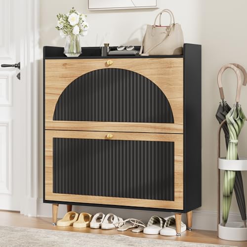 Shoe Storage Cabinet with 2 Flip Drawers, Shoe Organizer Storage with Adjustable Shelves, Freestanding Hidden Slim Narrow Shoe Rack Cabinet for Entryway, Foyer, Hallway, Living Room - color: Black and Wood