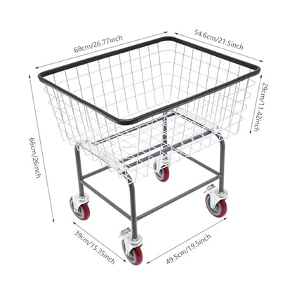 Wire Laundry Cart, Commercial Laundry Basket Cart with Wheels, 26.77"D x 21.5"W x 26"H Heavy Duty Steel Wire Hamper for Clothes Storage, Steel Frame with Galvanized, 4" Casters