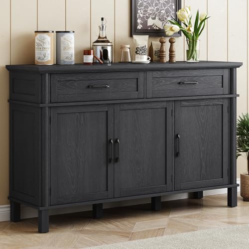 ONBRILL 55 Inch Buffet Cabinet with Storage, Farmhouse Sideboard Buffet w/2 Drawers and 3 Doors, Wood Coffee Bar Cabinet with Adjustable Shelves, Sideboard Storage for Kitchen, Living Room, Black - color: Black, size: 55 Inch