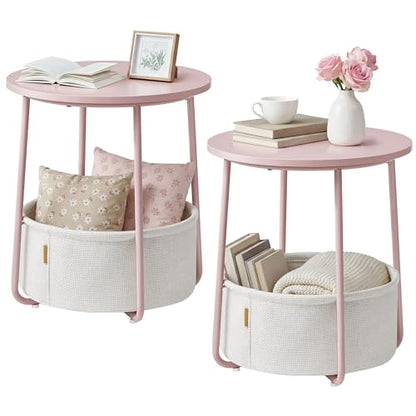 SONGMICS HOME Small Side Tables, Round End Tables, 2 Tier Nightstands with Basket, U Shaped Steel Legs, Easy Assembly, for Living Room, Bedroom, Set of 2, Pink and White - color: Pink + White, size: 2 pack
