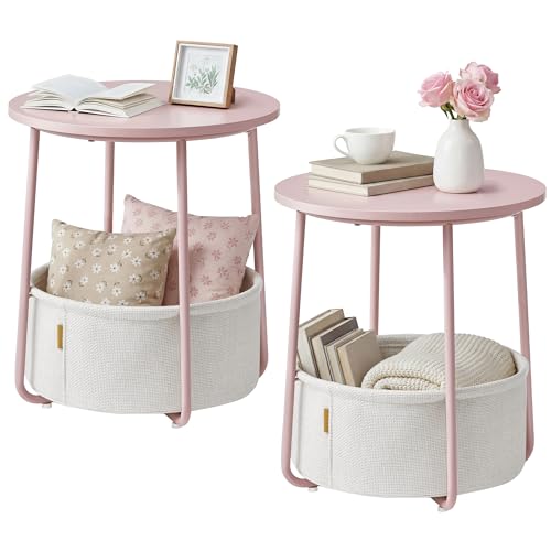 SONGMICS HOME Small Side Tables, Round End Tables, 2 Tier Nightstands with Basket, U Shaped Steel Legs, Easy Assembly, for Living Room, Bedroom, Set of 2, Pink and White - color: Pink + White, size: 2 pack