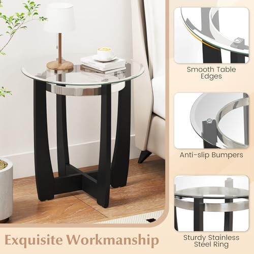 Giantex Round Glass End Table Set of 2, 24’’ Side Table with Tempered Glass Top, Nightstands with Cross & Solid Rubber Wood Base, Compact Bedside Night Stand for Bedroom Office Living Room (2, Black) - color: Black