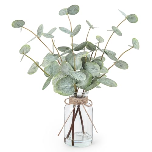 Bessol Artificial Eucalyptus Stems in Glass Vase with Faux Water, 13.5" Fake Plants for Home Decor, Coffee Table Centerpieces, Office, Bathroom & Farmhouse Weddings - Faux Greenery Plants Decorations - color: A Real Touch Green Eucalyptus