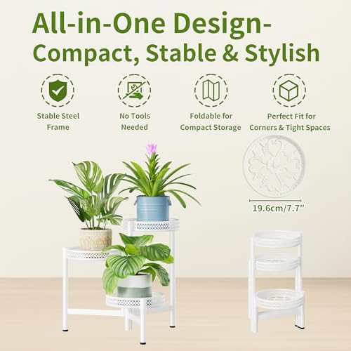 3 Tier White Folding Metal Planter Pot Holder Stand for Bedroom - color: WhiteWave, size: 3-tiers