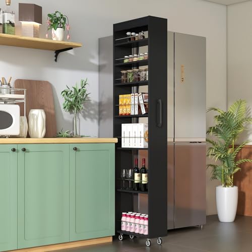 KEIKI 7 Tier Pull-Out Kitchen Pantry Storage Cabinet, Multi-Tier Single-Sided Open Shelf, Spice Rack Next to Fridge, Wood Hutch Food Pantries Cupboard for Coffee Bar, Dining Room, Narrow Spaces - color: Black