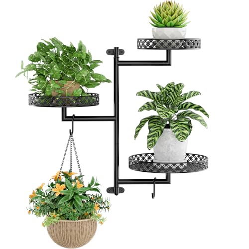 OVICAR Rotating Window Plant Shelves - Indoor Wall Plant Stand 3-Tier Floral Metal Window Shelf Holder for Multiple Plants with Hanging Hooks Home Decor Black - color: Black
