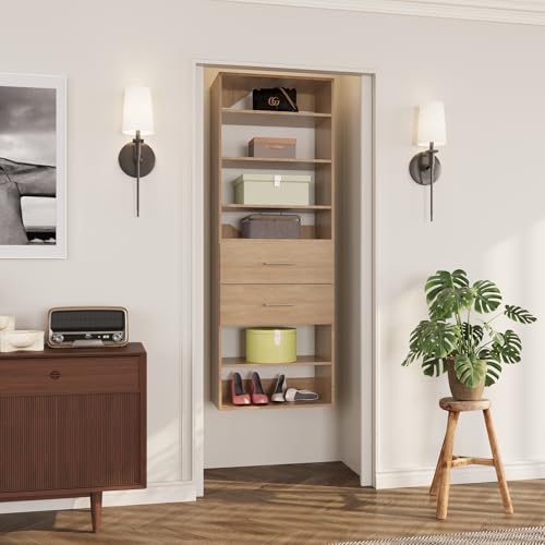 ROOMTEC Modular Closet System, 19.5" 2 Drawer Shelf Closet Tower Wall-Mounted Closet Organizer, Wooden Tower for Walk-In Closets, Wardrobe Storage Kit, Wood - size: 19.5" Wide, style: Model 11