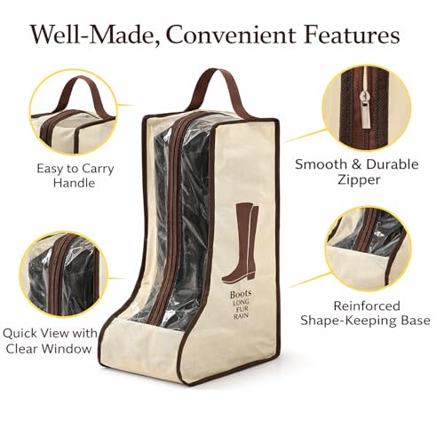 4 Pack Portable Boot Storage Bag,2 Tall & 2 Short Boot Storage Bag with Clear Window, Zipper and Handle, Travel Friendly Shoe Storage for Boots, Closet Organization,Beige