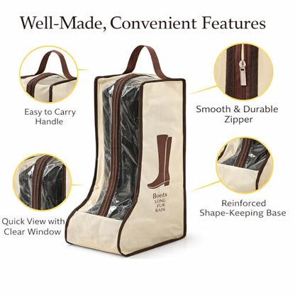 4 Pack Portable Boot Storage Bag,2 Tall & 2 Short Boot Storage Bag with Clear Window, Zipper and Handle, Travel Friendly Shoe Storage for Boots, Closet Organization,Beige