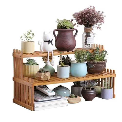 GURECOD 22.8" 2 Tiers Bamboo Plant Stand Shelf,Desk Flower Pot Holder,Adjustable Desktop Shelf Display Organizer Ladder Rack for Office Decorate Desk Shelving Storage Rack,Kitchen Rack (22.8" Length) - size: 22.8" Length
