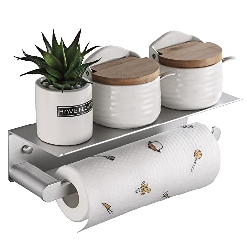 DUFU Paper Towel Holder Wall Mount for Kitchen, Silver | Self-Adhesive,Paper Towel Holder With Shelf for Bathroom, Anti-Rust Aluminum, No Drill or Wall-Mounted with Screws - color: Silver