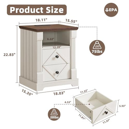 BuildHom 18" Farmhouse Nightstand with Charging Station,2 Interchangeable Drawers End Table, Roman Column Bedside Table with Open Shelf for Bedroom(Antique White) - color: Antique White