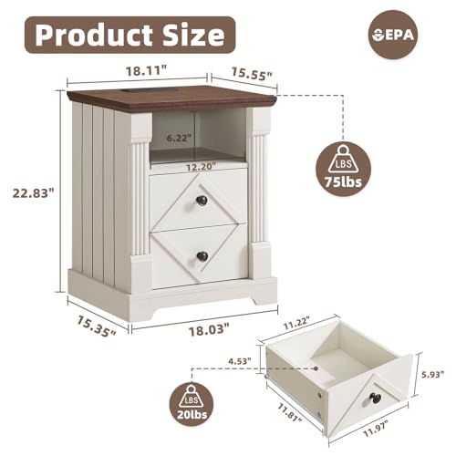 BuildHom 18" Farmhouse Nightstand Set of 2 with Charging Station,2 Interchangeable Drawers End Table, Roman Column Bedside Table with Open Shelf for Bedroom(Antique White) - color: Antique White - 2pcs