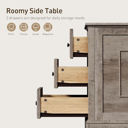RALGEND Farmhouse End Table with 3 Drawers, Wooden Slim Nightstand, Narrow Sofa Side Table with Storage for Living Room, Bedroom, Study, Greige