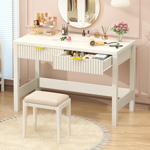 YOMILUVE Fluted Computer Desk with 2 Drawers, 39 Inch Small Computer Desk with Storage, Compact Writing Study Vanity Desk for Small Spaces, White - color: White