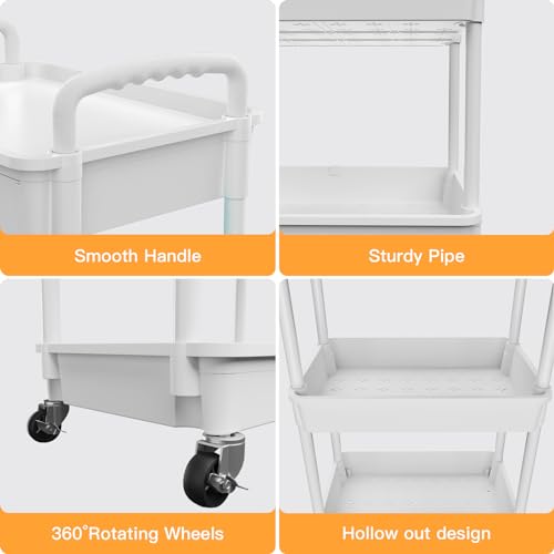 4 Tier Rolling Utility Cart with Drawer,REBECAT Utility Cart Made of Multifunctional Storage Organizer Tool for Kitchen,Bathroom,Living Room,Office(Gray) - color: White