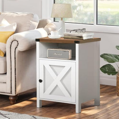 Farmhouse End Table, Nightstand with Barn Door and Shelf,Cream White | End Tables,Wooden Sofa Side Table, Modern Bed Side Table Rustic Nightstands, Bedroom, Living Room - color: White