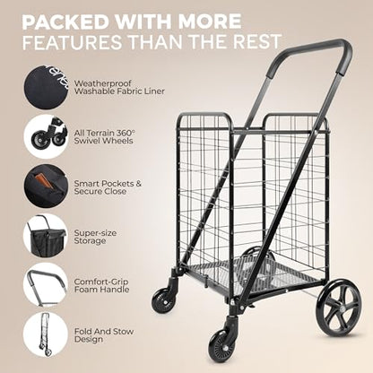 SereneLife Small Compact Folding Shopping Cart with Removable Waterproof Liner – 360° Swivel Wheels, Rust‑Proof Steel Frame, 70 lb Capacity – Portable Grocery, Laundry & Travel Cart (Black) - color: Black
