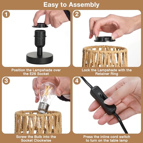 Fenmzee Small Table Lamp for Bedroom - Inline Control, Bedside Lamp with 3000K A15 LED Blub, Easy Assembly（Rattan Rope Shade-Black Base，9" Inline Control） - color: Rattan Rope Shade-Black Base