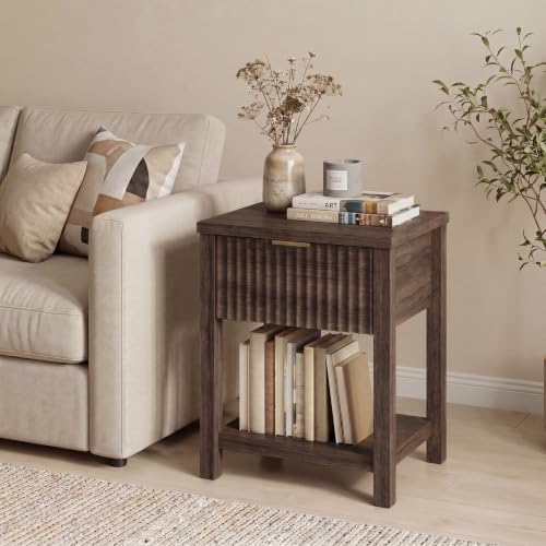 Fluted Night Stand with Golden Handle,Mid-Century Nightstands with Drawer,Modern Bedside Table with Storage Shelf,Large End Tables for Livingroom,Bed Side Tables for Bedroom,Walnut - color: 1pc_walnut_plus