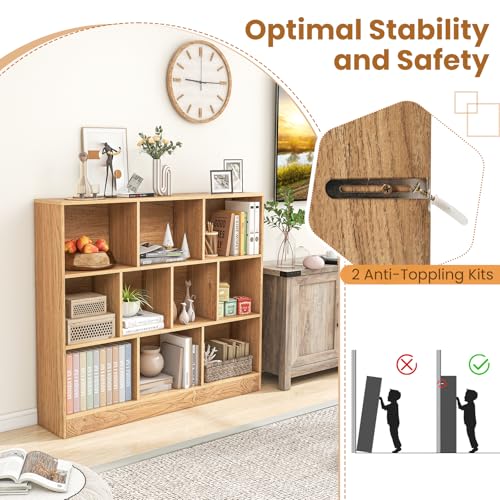 10 Cubes Book Shelf, 3 Shelf Bookcase Cabinet with 10 Compartments, Strong Base and Closed Back, Open Shelf Storage Organizer Bookshelf for Living Room, Bedroom, Office & Hallway (Natural) - color: Natural