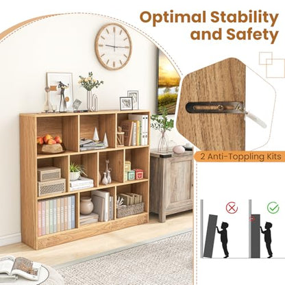 10 Cubes Book Shelf, 3 Shelf Bookcase Cabinet with 10 Compartments, Strong Base and Closed Back, Open Shelf Storage Organizer Bookshelf for Living Room, Bedroom, Office & Hallway (Natural) - color: Natural