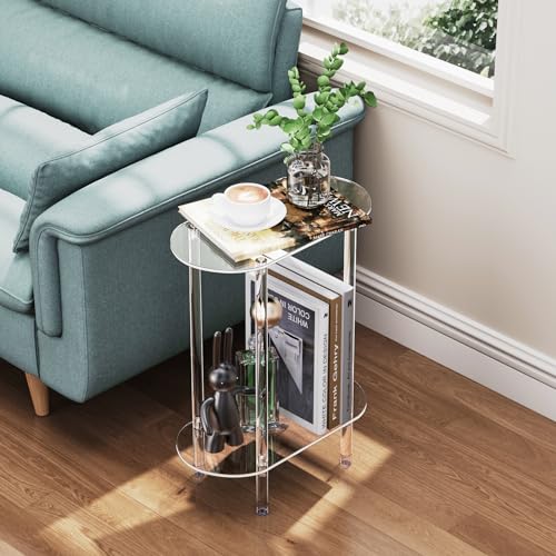 Clear Acrylic Narrow Side Table for Small Spaces, 15.75" L x 7.87" W x 19.82" H, 2 Tier Oval Slim End Table Nightstand, Small Skinny Bedside Table for Bedroom, Bathroom, Living Room - size: 2 Tier Oval 1-Pack